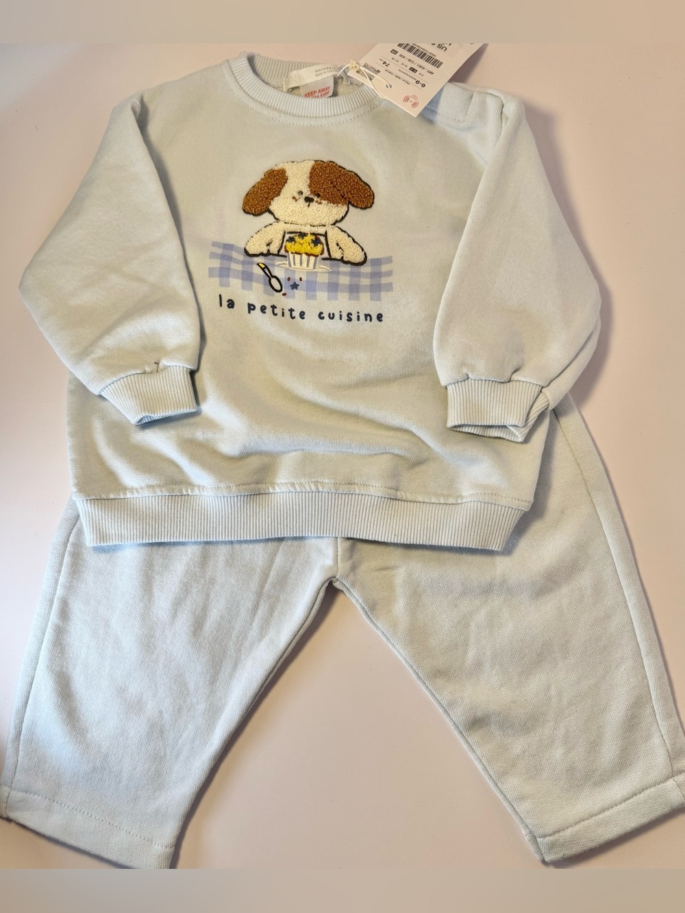 Zara La Petite Cuisine Baby Blue Puppy Sweatshirt & Pants Set 6-9mths new